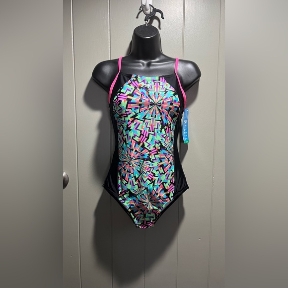 Speedo One Piece Swimsuit Girls 16 Multicolor and Black NWT - Picture 1 of 5